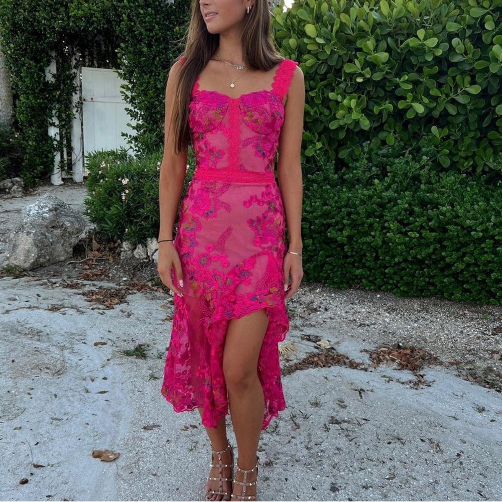 Bronx and Banco Hot Pink Lace Appliqué Asymmetric Midi Dress - Picture 2 of 16
